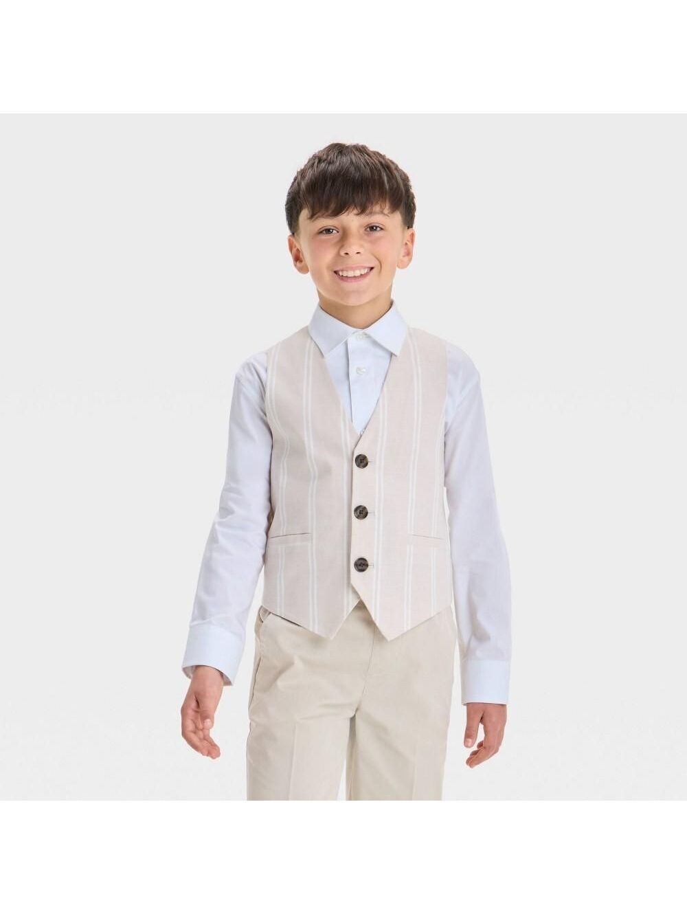 Boys' Striped Suit Vest Cat & Jack Beige 7: Cotton Spandex Blend, V Neck